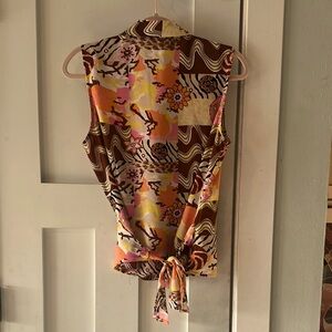 Brown‎ and Pink Tie Front Graphic Blouse retro wrap style